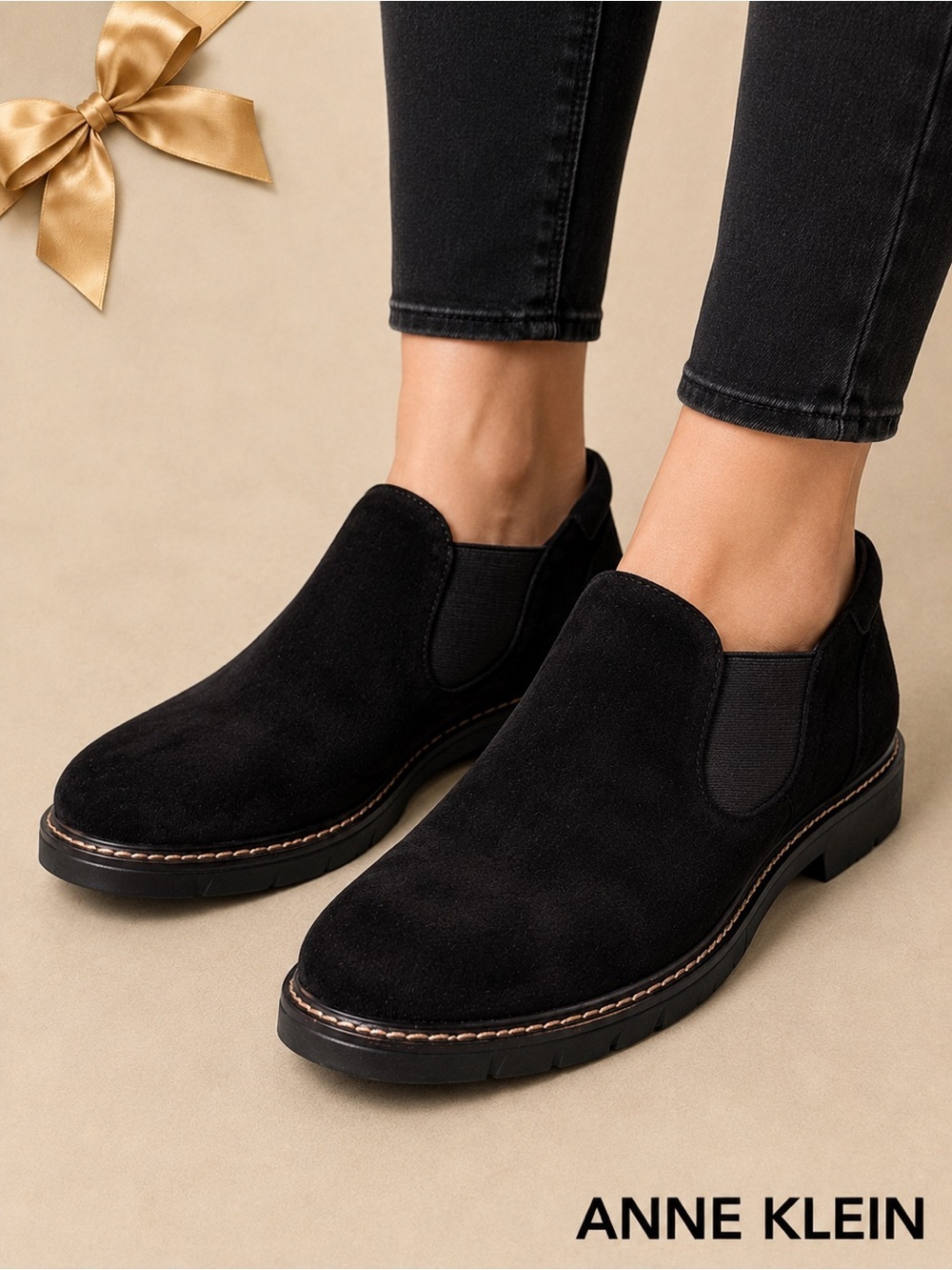 Anne Klein iFlex Black Slip-On Chelsea Shoes Size 11M Comfort Suede Look